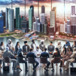 alt_text: Orang-orang berkolaborasi di pusat finansial dengan latar pemandangan kota Sumatra.