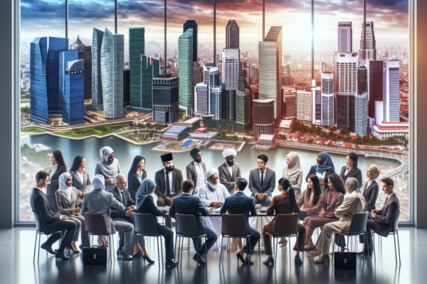 alt_text: Orang-orang berkolaborasi di pusat finansial dengan latar pemandangan kota Sumatra.