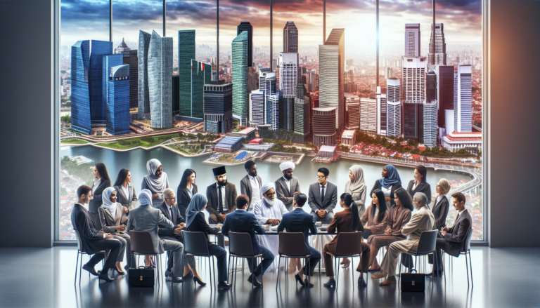alt_text: Orang-orang berkolaborasi di pusat finansial dengan latar pemandangan kota Sumatra.