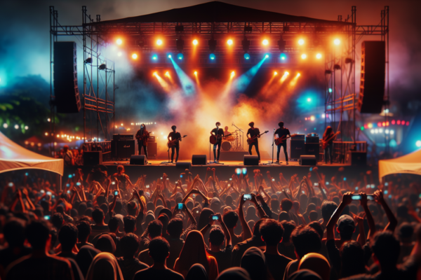 alt_text: Panggung meriah di RANS Simba Bogor dengan musik live dan penonton antusias.