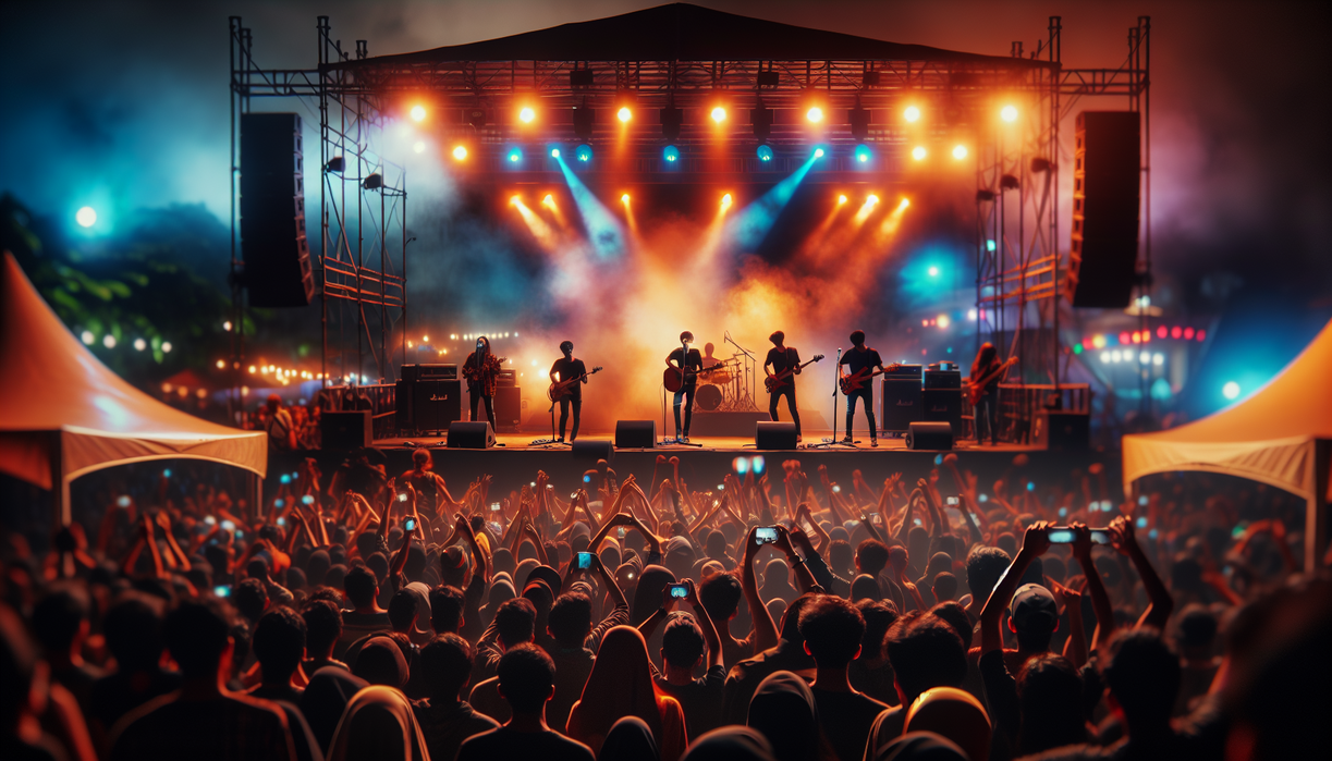 alt_text: Panggung meriah di RANS Simba Bogor dengan musik live dan penonton antusias.