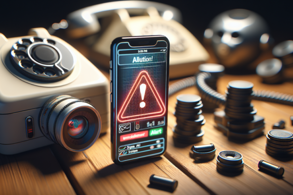 alt_text: Ilustrasi telepon dengan peringatan penipuan AI dan simbol tanda seru merah.