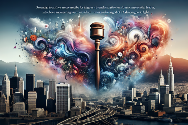 alt_text: "Potret kota tenang dengan siluet pemimpin di cakrawala senja yang damai."