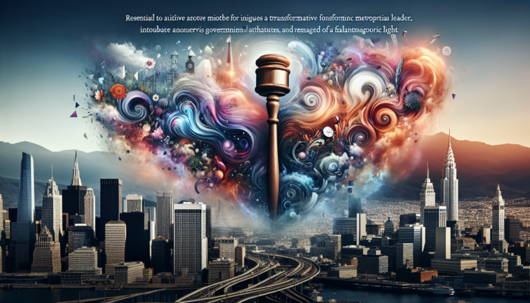 alt_text: "Potret kota tenang dengan siluet pemimpin di cakrawala senja yang damai."