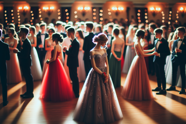alt_text: Siswa mengenakan gaun dan jas elegan di pesta prom, merayakan malam penuh kesan dan makna.