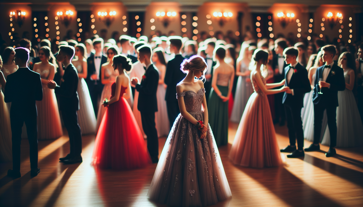 alt_text: Siswa mengenakan gaun dan jas elegan di pesta prom, merayakan malam penuh kesan dan makna.