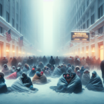 alt_text: Orang-orang bertahan hidup dalam cuaca dingin ekstrem, saling membantu di tengah salju tebal.