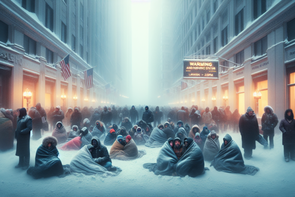 alt_text: Orang-orang bertahan hidup dalam cuaca dingin ekstrem, saling membantu di tengah salju tebal.