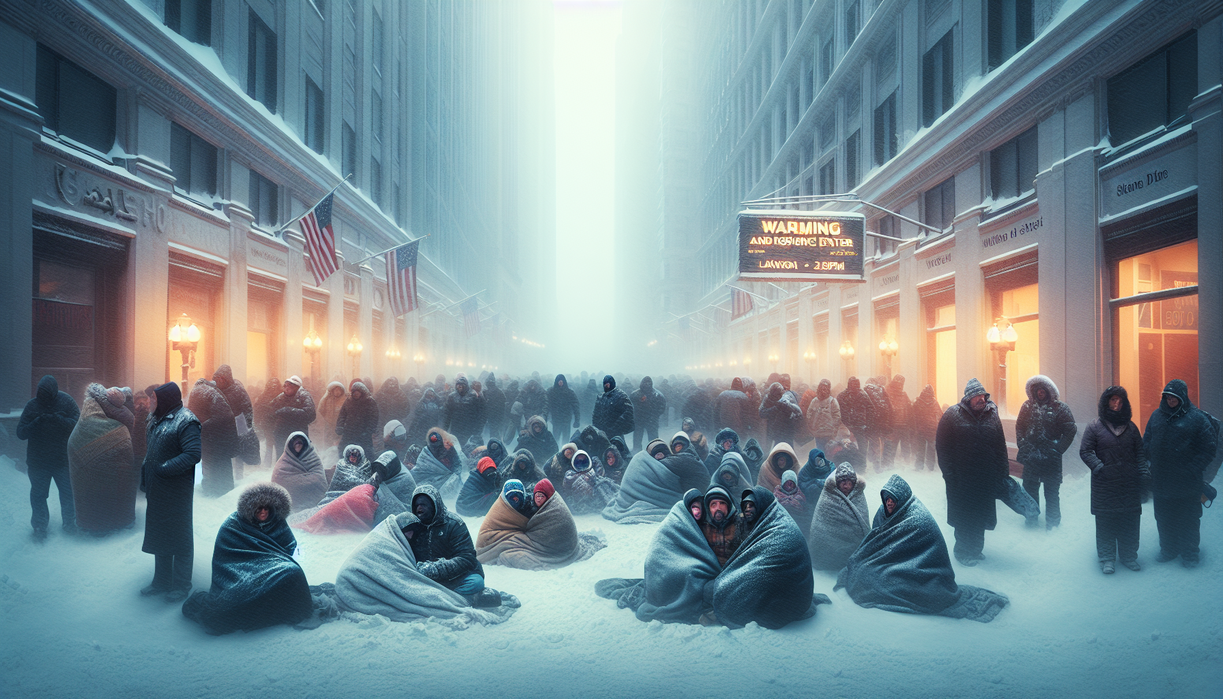 alt_text: Orang-orang bertahan hidup dalam cuaca dingin ekstrem, saling membantu di tengah salju tebal.