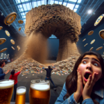 alt_text: Menara tatakan bir jatuh, mengacaukan suasana pesta dengan kekacauan kecil namun signifikan.