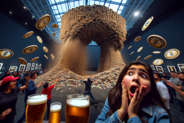 alt_text: Menara tatakan bir jatuh, mengacaukan suasana pesta dengan kekacauan kecil namun signifikan.