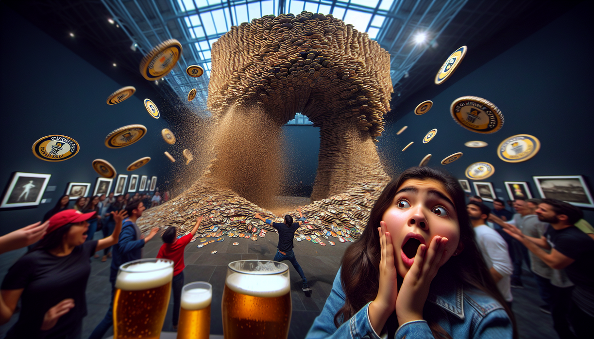 alt_text: Menara tatakan bir jatuh, mengacaukan suasana pesta dengan kekacauan kecil namun signifikan.