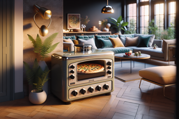 alt_text: Oven pizza bergaya Stanley Tucci dengan desain elegan dan mewah di dapur modern.