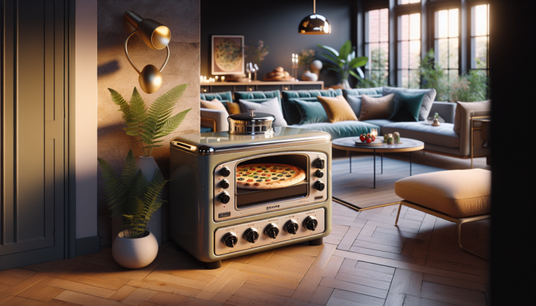alt_text: Oven pizza bergaya Stanley Tucci dengan desain elegan dan mewah di dapur modern.