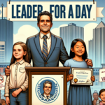 alt_text: Dua gadis cilik berpakaian formal menjajal peran sebagai wali kota sehari.