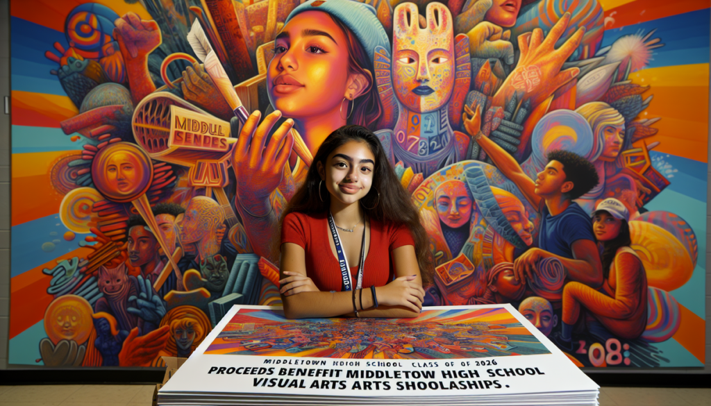 alt_text: Mural siswa menampilkan beragam seni, menghidupkan beasiswa untuk bakat muda di sekolah.