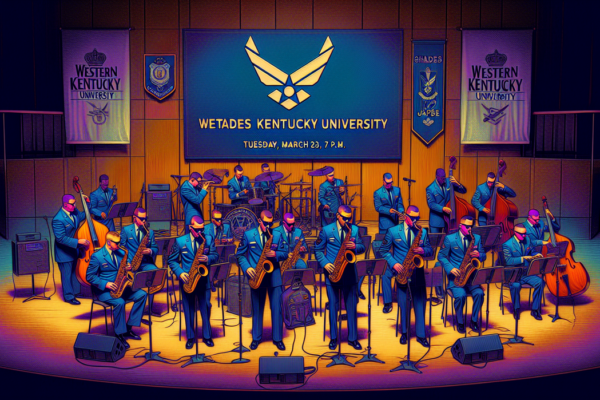 "alt_text": "WKU Jazz Band tampil bersama DSU dan Denting Jazz Angkatan Udara di sebuah panggung."