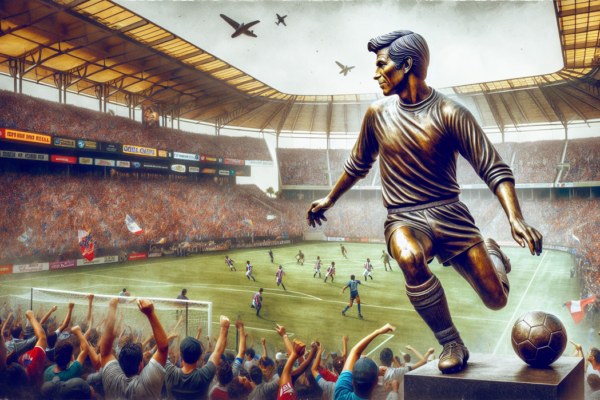 alt_text: Patung Cobi Jones dengan pose dinamis dan desain baru seragam LA Galaxy.