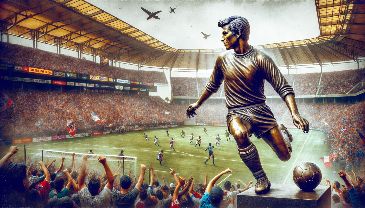 alt_text: Patung Cobi Jones dengan pose dinamis dan desain baru seragam LA Galaxy.