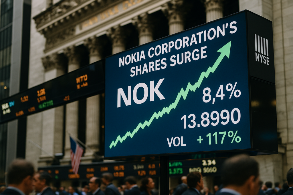 alt_text: Grafik menunjukkan lonjakan saham NYSE:NOK sebesar 8,4% di bursa efek.