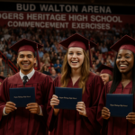 alt_text: Wisudawan dan keluarga merayakan kelulusan di acara Wisuda Rogers Heritage di Bud Walton.