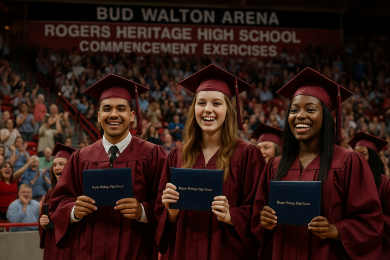 alt_text: Wisudawan dan keluarga merayakan kelulusan di acara Wisuda Rogers Heritage di Bud Walton.