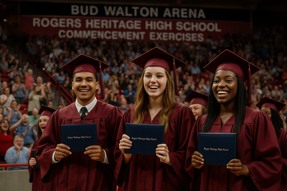 alt_text: Wisudawan dan keluarga merayakan kelulusan di acara Wisuda Rogers Heritage di Bud Walton.