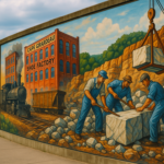alt_text: Mural besar menghiasi tepi sungai dengan pemandangan alam dan kehidupan air yang memukau.