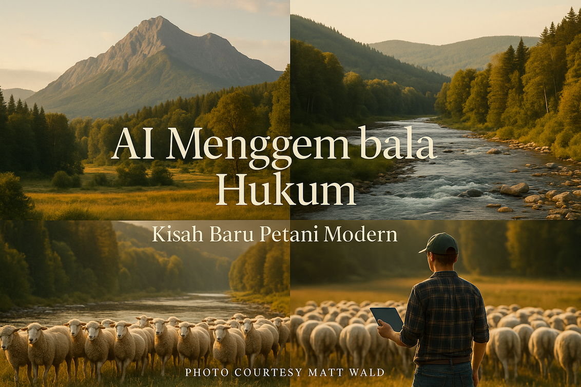 alt_text: Seorang petani menggunakan teknologi AI untuk menggembala ternak di ladang modern.
