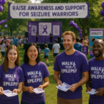 alt_text: Peserta jalan santai bersama, mendukung kesadaran epilepsi dengan slogan motivasi.