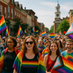 alt_text: Parade Pride di Shepherdstown penuh warna dan semangat perlawanan merayakan keberagaman.
