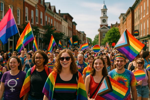 alt_text: Parade Pride di Shepherdstown penuh warna dan semangat perlawanan merayakan keberagaman.