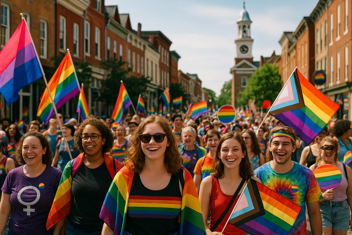 alt_text: Parade Pride di Shepherdstown penuh warna dan semangat perlawanan merayakan keberagaman.